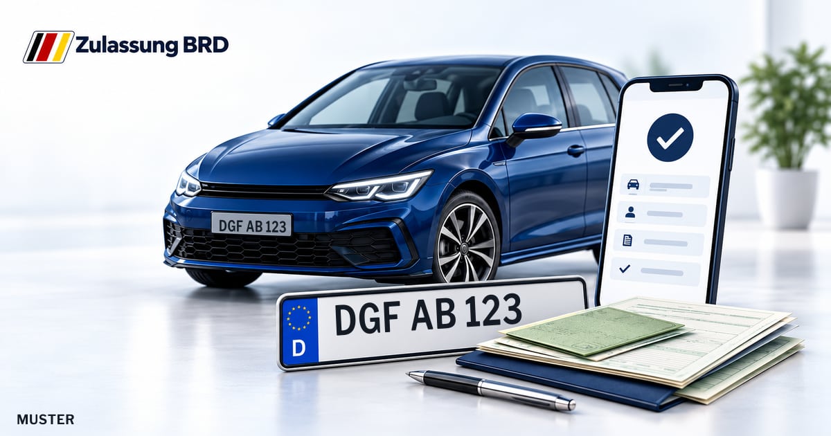 Online Fahrzeugzulassung in Landau a.d.Isar: Musterkennzeichen DGF AB 123, Auto und Fahrzeugpapiere und Smartphone. Illustration mit Logo von Zulassung BRD.